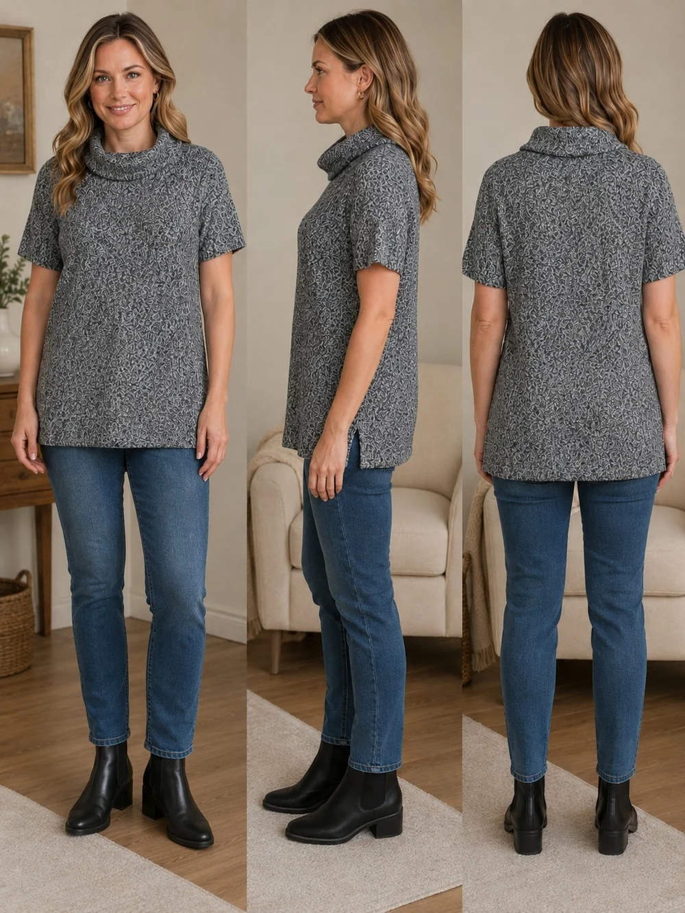Cozy Short-Sleeve Turtleneck Sweater - Gray